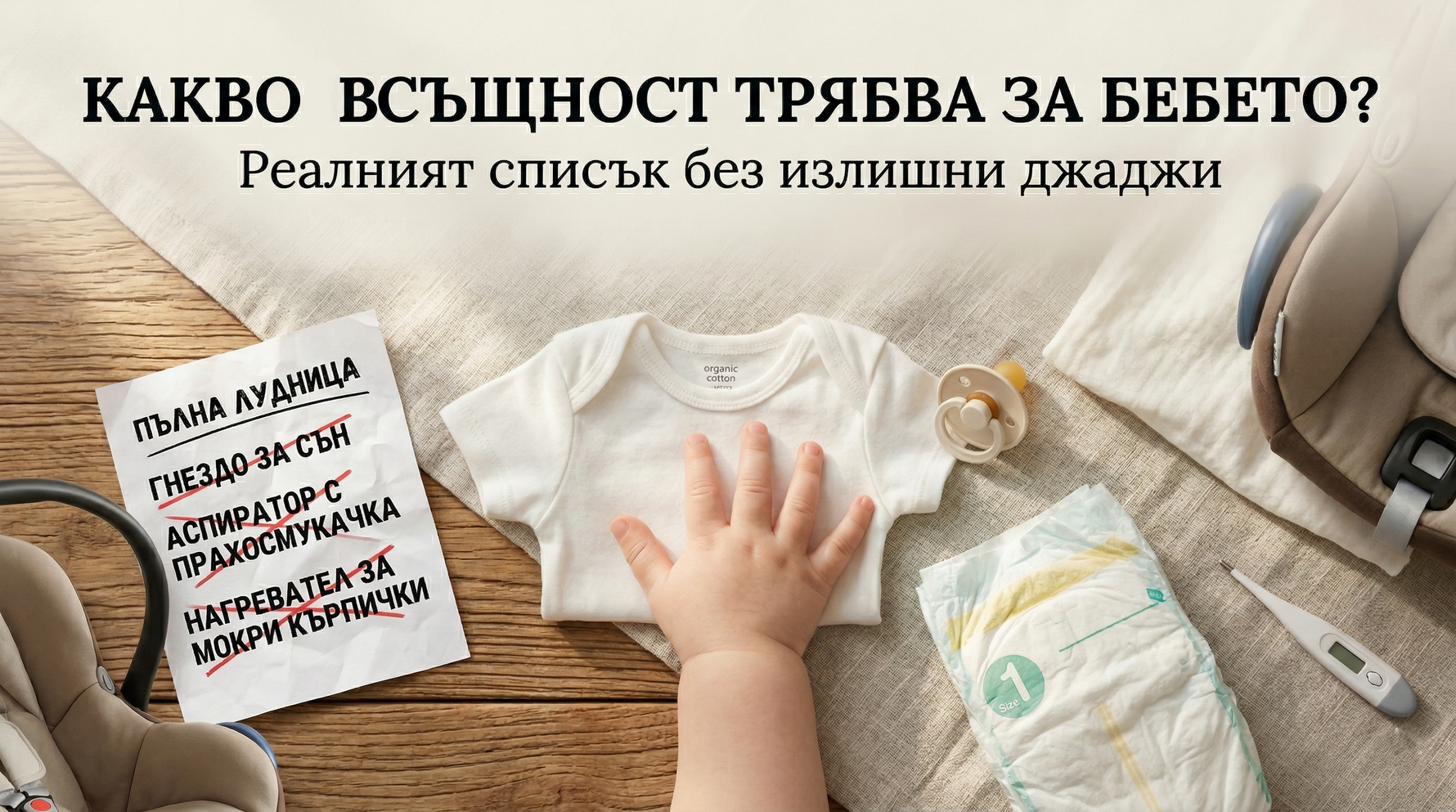 Реалистичен списък с най-важните покупки за новородено бебе. Изображение на основни бебешки принадлежности като памучно боди, пелена, биберон и термометър, до задраскан списък с излишни джаджи.