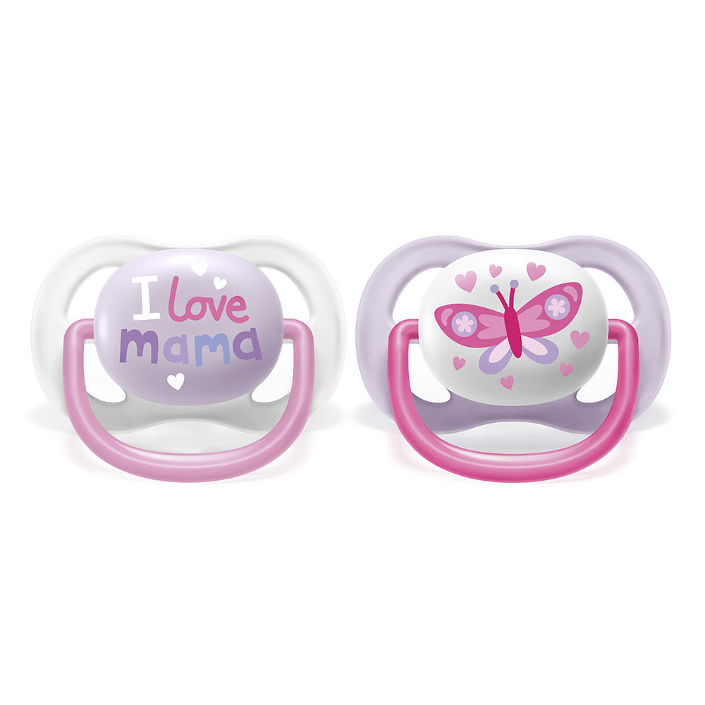 2 бр. ортодонтични залъгалки Philips AVENT SCF080/02 Ultra Air Happy 0-6м с декорация Пеперуда и Надпис Love в кутия за стерилизиране