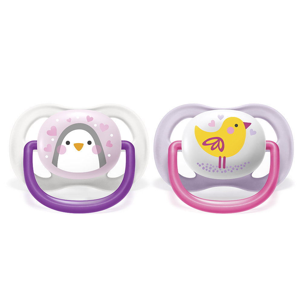2 бр. ортодонтични залъгалки Philips AVENT SCF080/06 Ultra Air Animals 0-6м с декорация Пингвин и Птица в кутия за стерилизиране