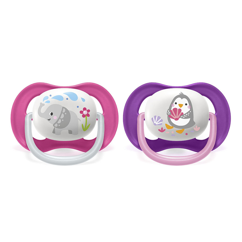 2 бр. ортодонтични залъгалки Philips AVENT SCF080/08 Ultra Air Animals 6-18м с декорация Слон и Пингвин в кутия за стерилизиране