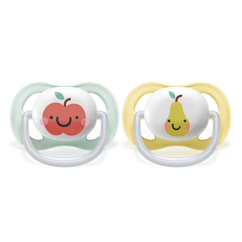 2 бр. ортодонтични залъгалки Philips AVENT SCF080/17 Ultra Air Happy 0-6м с декорация Ябълка и Круша в кутия за стерилизиране