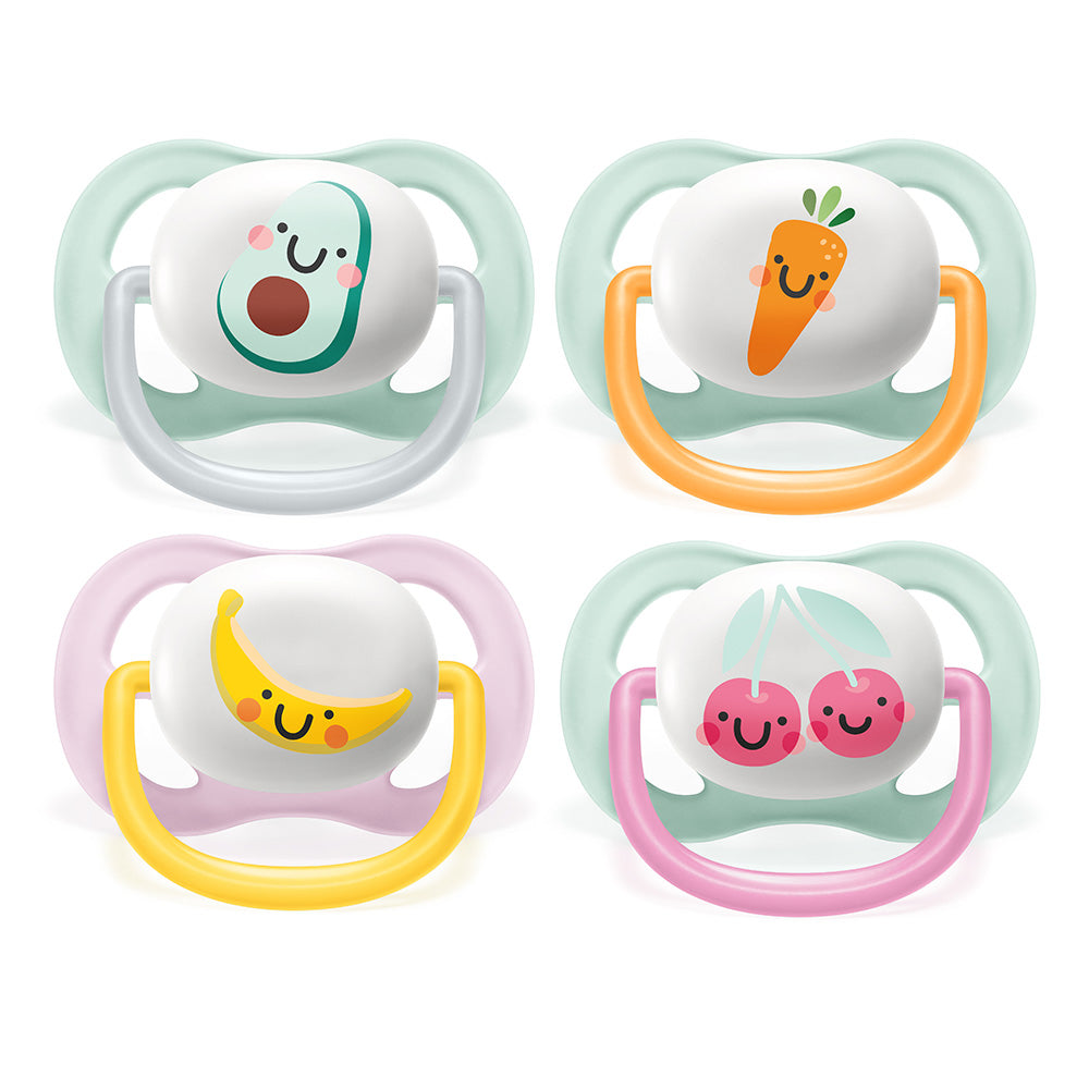 2 бр. ортодонтични залъгалки Philips AVENT SCF080/02 Ultra Air Happy 0-6м с декорация цвете и Надпис в кутия за стерилизиране