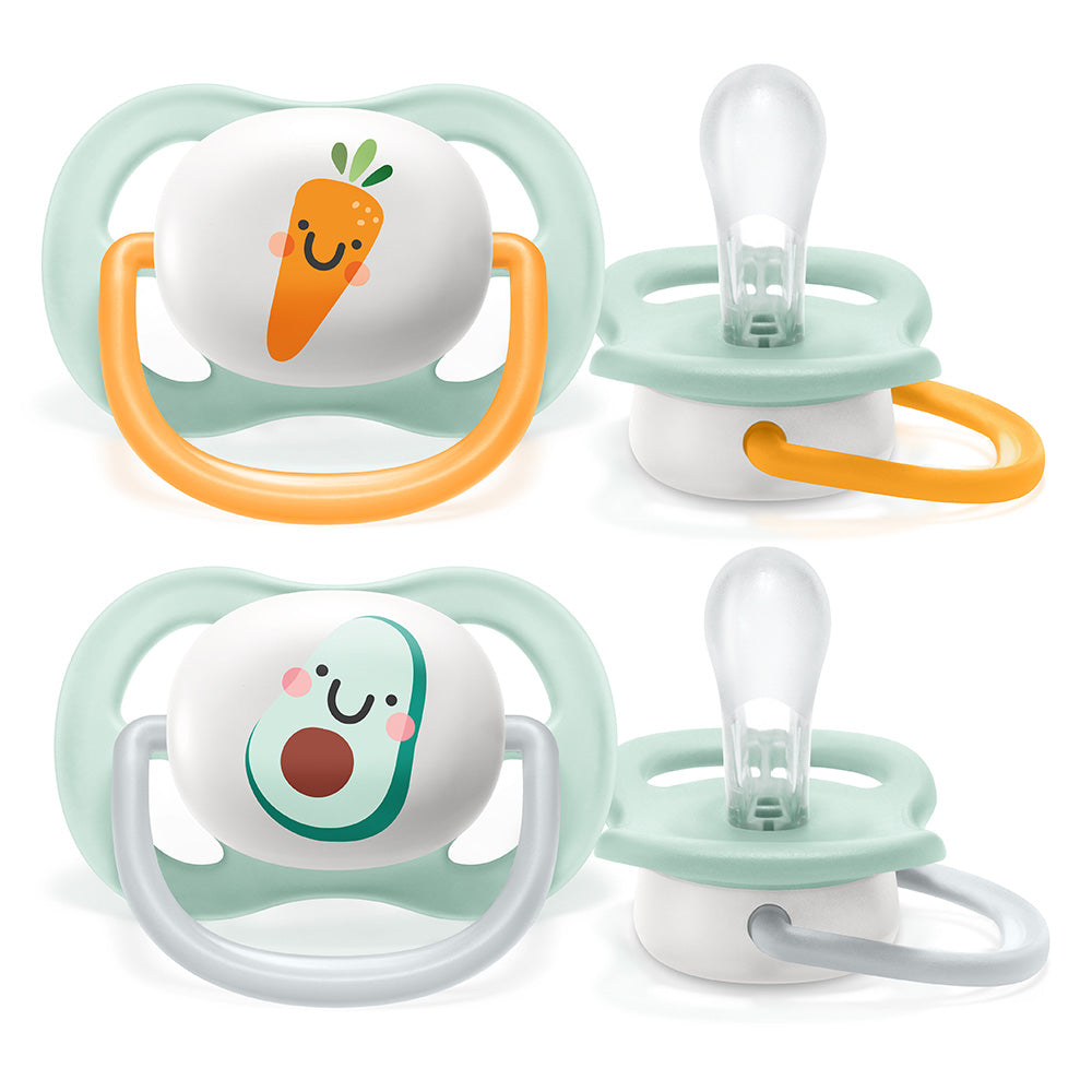 2 бр. ортодонтични залъгалки Philips AVENT SCF080/02 Ultra Air Happy 0-6м с декорация цвете и Надпис в кутия за стерилизиране