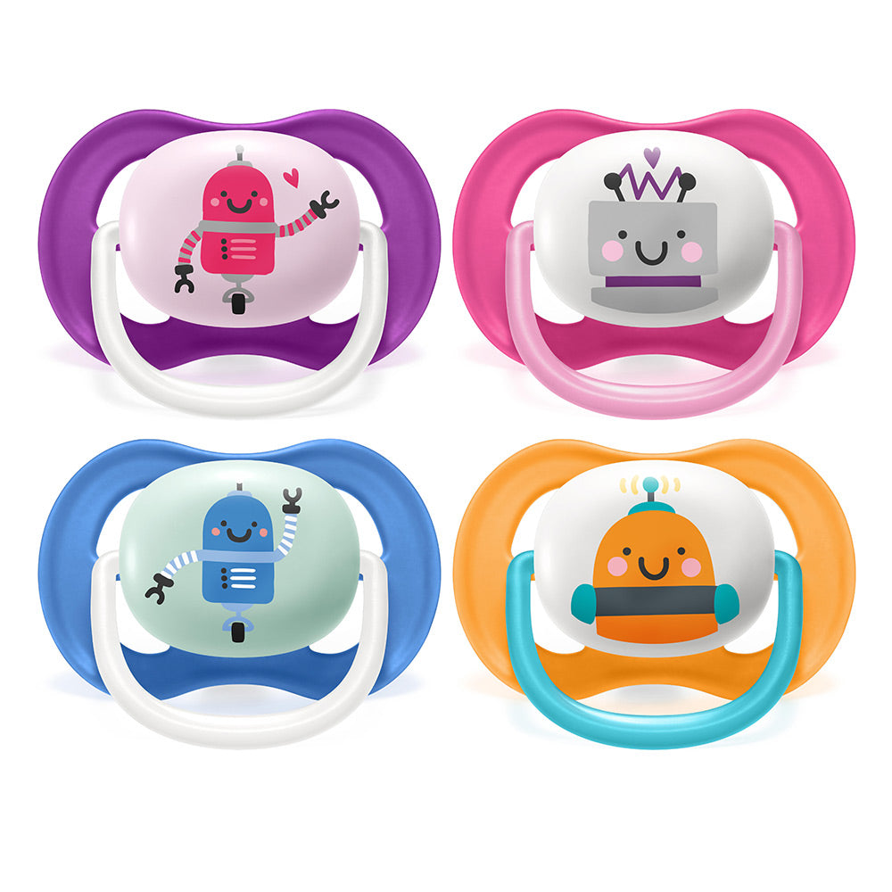 2 бр. ортодонтични залъгалки Philips AVENT SCF080/10 Ultra Air Happy, с декорация роботи в кутия за стерилизиране, 6-18м