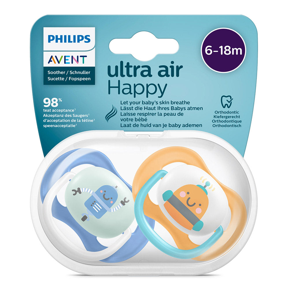 2 бр. ортодонтични залъгалки Philips AVENT SCF080/10 Ultra Air Happy, с декорация роботи в кутия за стерилизиране, 6-18м