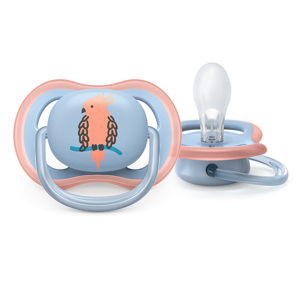 2 броя ортодонтични залъгалки Philips AVENT SCF085/12 Ultra Air с декорация Папагал и Ананас в кутия за стерилизиране