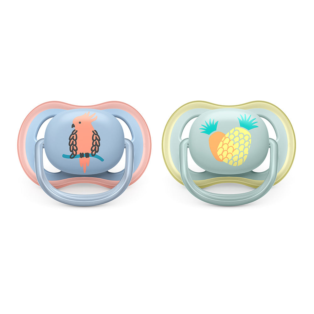 2 броя ортодонтични залъгалки Philips AVENT SCF085/12 Ultra Air с декорация Папагал и Ананас в кутия за стерилизиране