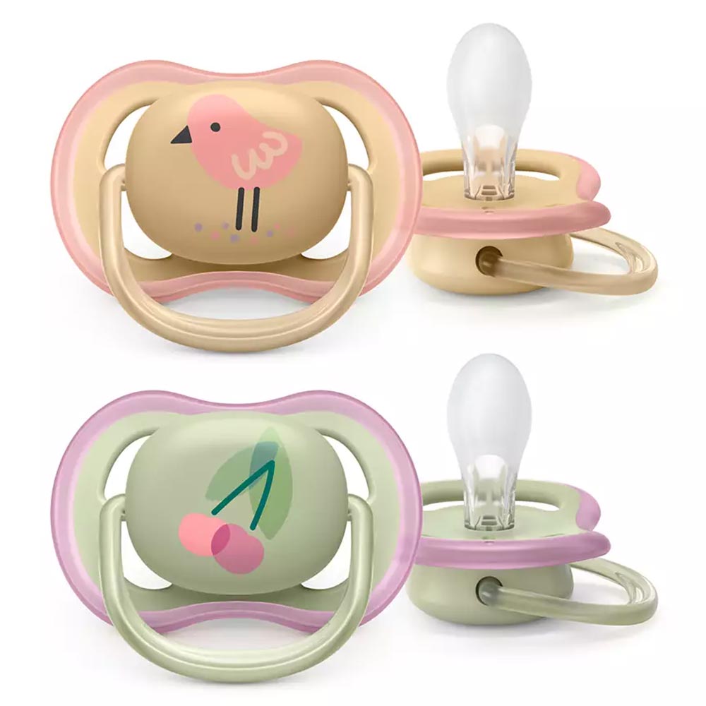 2 броя ортодонтични залъгалки Philips AVENT SCF085/13 Ultra Air с декорация Череши и Птица в кутия за стерилизиране