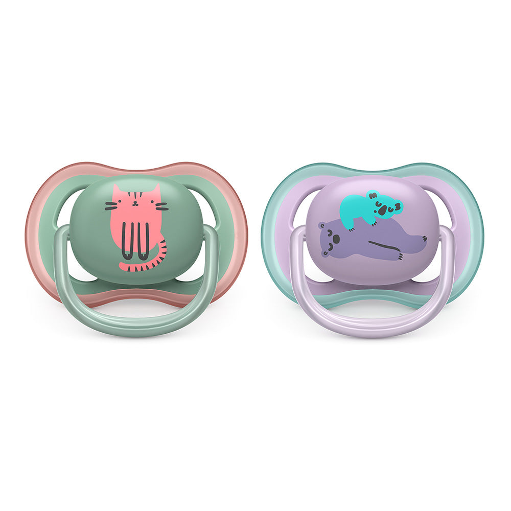 2 бр. ортодонтични залъгалки Philips AVENT SCF085/18 Ultra Air 6-18м с декорация Коте и Коала в кутия за стерилизиране