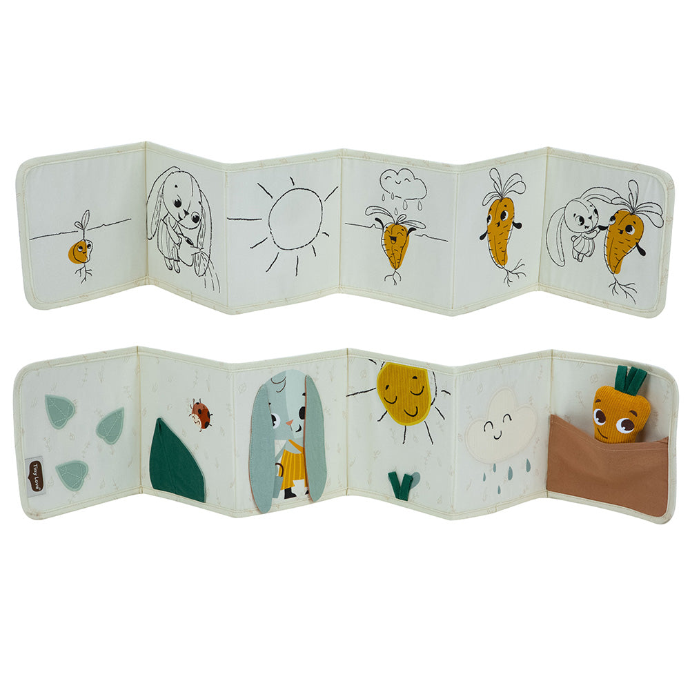 2-в-1 Мека двулицева книжка и обиколник TINY LOVE Double-sided First Book от Еко серията Garden of Adventures, 0м+