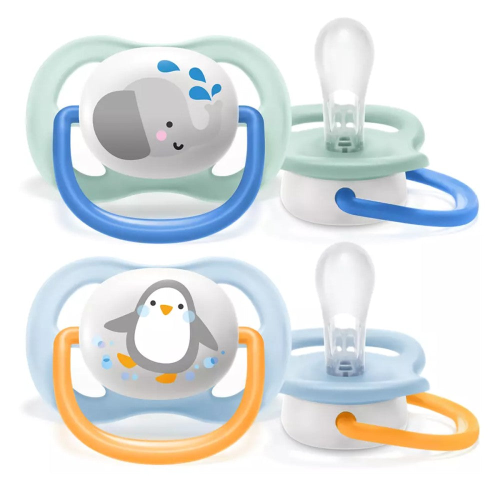 2 бр. ортодонтични залъгалки Philips AVENT SCF080/05 Ultra Air Animals 0-6м с декорация Слон и Пингвин в кутия за стерилизиране