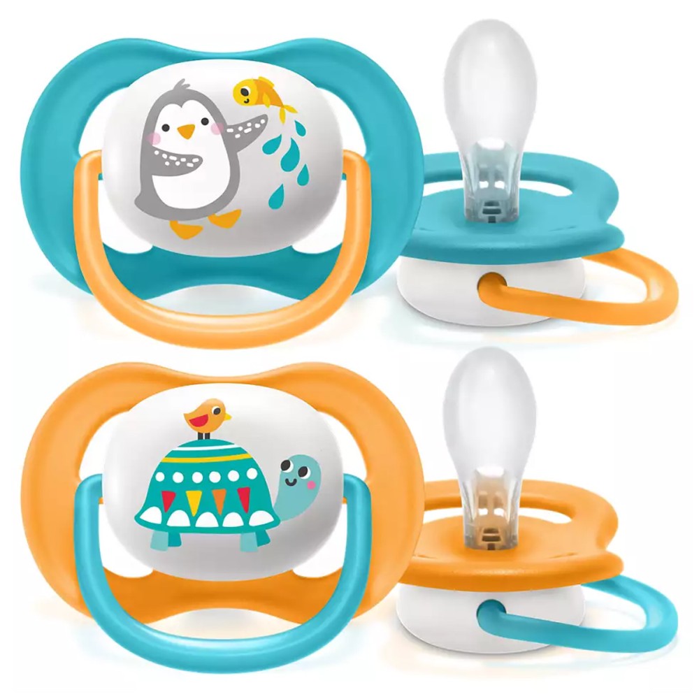 2 бр. ортодонтични залъгалки Philips AVENT SCF080/07 Ultra Air Animals 6-18м с декорация Пингвин и Костенурка в кутия за стерилизиране
