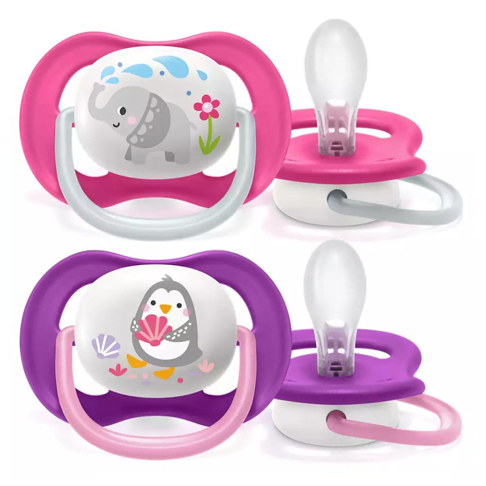 2 бр. ортодонтични залъгалки Philips AVENT SCF080/08 Ultra Air Animals 6-18м с декорация Слон и Пингвин в кутия за стерилизиране