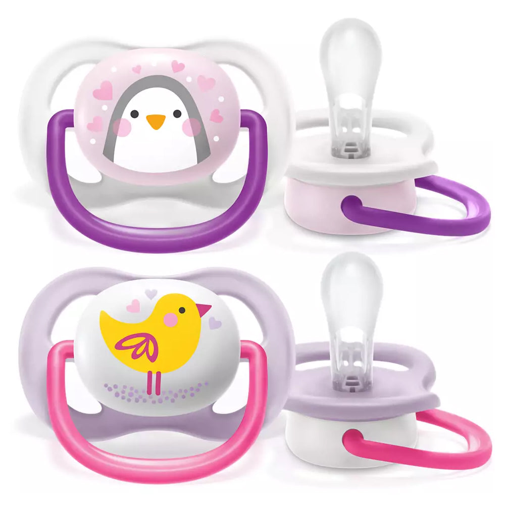 2 бр. ортодонтични залъгалки Philips AVENT SCF080/06 Ultra Air Animals 0-6м с декорация Пингвин и Птица в кутия за стерилизиране