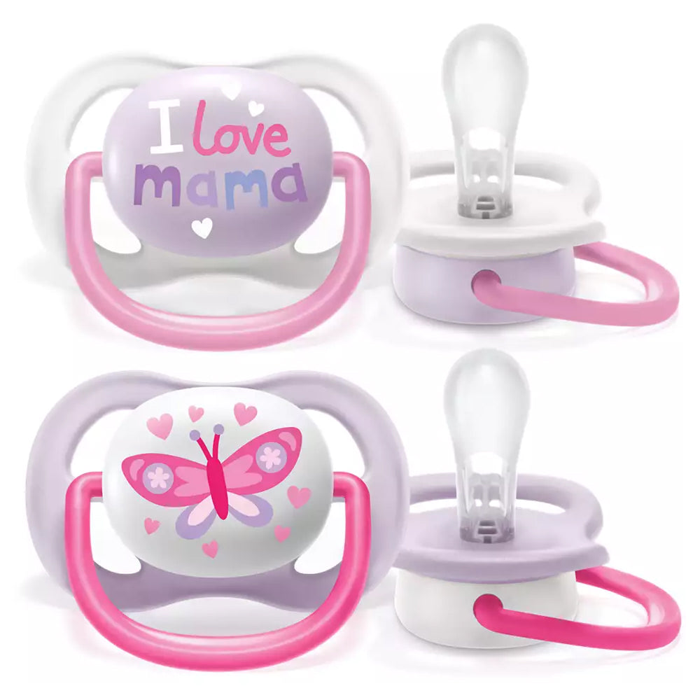 2 бр. ортодонтични залъгалки Philips AVENT SCF080/02 Ultra Air Happy 0-6м с декорация Пеперуда и Надпис Love в кутия за стерилизиране