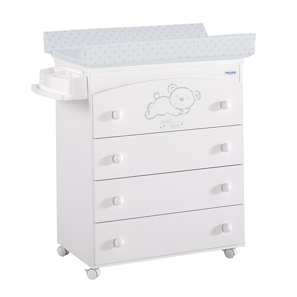 MICUNA Комплект Детско легло-кошара Sweet Bear 60/120 см + Скрин с четири чекмеджета, вана и повивалник + Чекмедже за легло