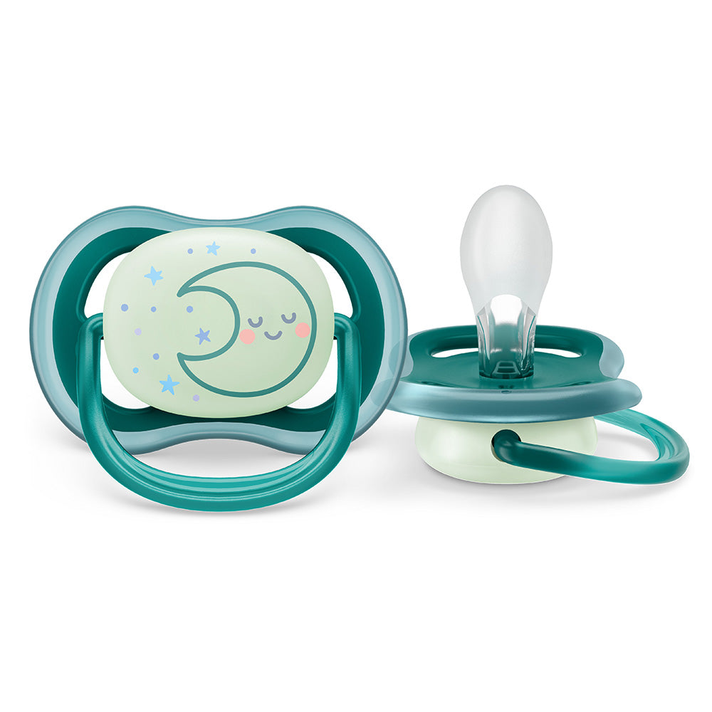 2 бр. светещи в тъмното ортодонтични залъгалки Philips Avent Ultra Air Night 6-18м, сини с декорация Звезда и Луна, в кутия за стерилизиране и пренасяне
