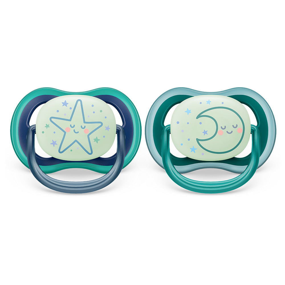 2 бр. светещи в тъмното ортодонтични залъгалки Philips Avent Ultra Air Night 6-18м, сини с декорация Звезда и Луна, в кутия за стерилизиране и пренасяне