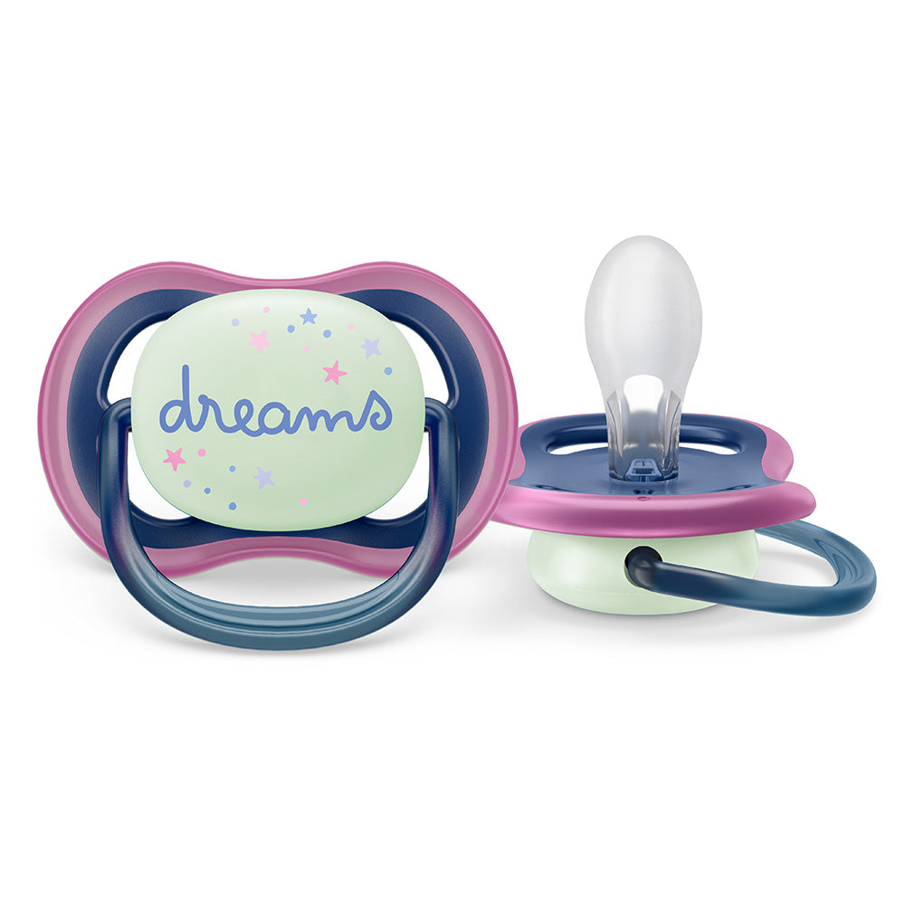 2 бр. светещи в тъмното ортодонтични залъгалки Philips Avent Ultra Air Night 6-18м, розови с декорация Звезда и надпис Dreams, в кутия за стерилизиране и пренасяне