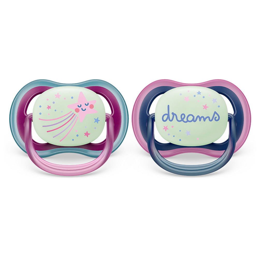 2 бр. светещи в тъмното ортодонтични залъгалки Philips Avent Ultra Air Night 6-18м, розови с декорация Звезда и надпис Dreams, в кутия за стерилизиране и пренасяне