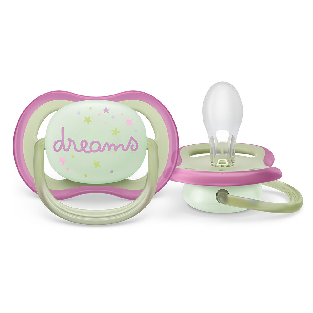 2 бр. светещи в тъмното ортодонтични залъгалки Philips Avent Ultra Air Night 0-6м с декорация Пеперуда и надпис Dreams, в кутия за стерилизиране и пренасяне