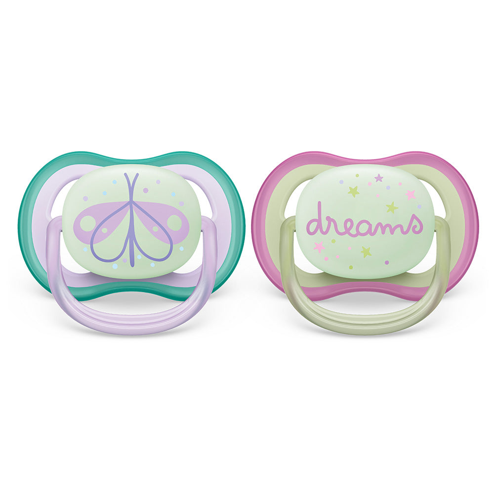 2 бр. светещи в тъмното ортодонтични залъгалки Philips Avent Ultra Air Night 0-6м с декорация Пеперуда и надпис Dreams, в кутия за стерилизиране и пренасяне